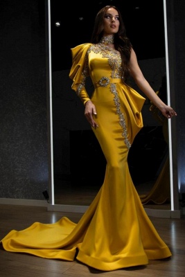 Gold One Shoulder Long Sleeve Mermaid  Prom Dress Glitter_1