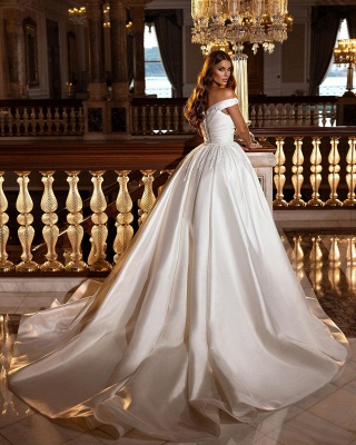Modest Off Shoulder Satin A Line Wedding Dress Bridal Gowns_3
