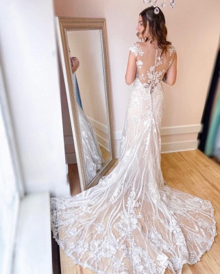 Beauty O Neck Sleeveless Lace Mermaid Wedding Dress_3