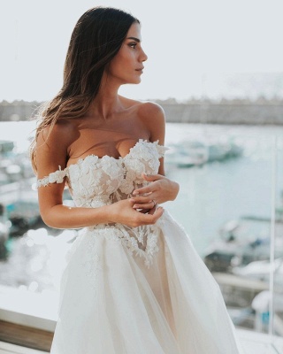 Boho Off Shoulder Sleeveless A line Wedding Gowns With Lace_3