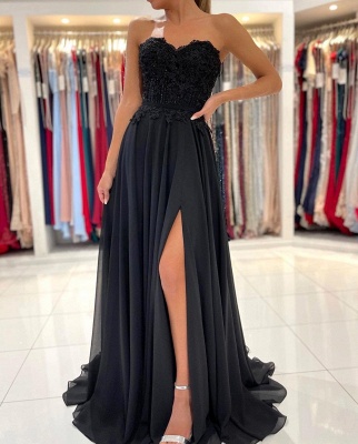 Simple Black Long Prom Dress Evening Gowns With Lace_3