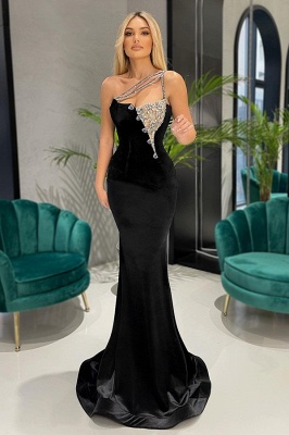 Cheap Black One Shoulder Velvet Long Mermaid Prom Dress With Glitter_1