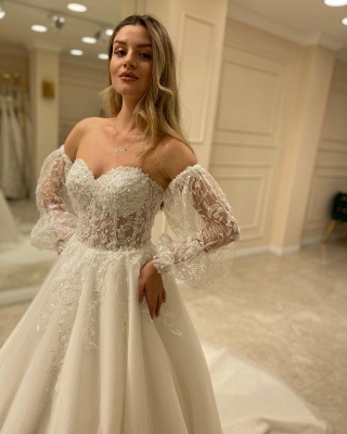 Sexy Sweetheart Ivory Long Sleeve A Line Wedding Dress with Lace_5
