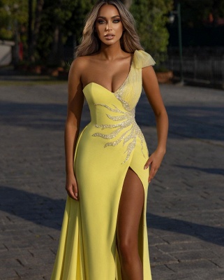 Yellow Sexy One Shoulder Long Prom Dress With Glitter_2