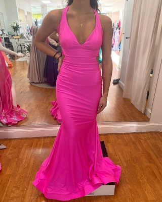 Pink Simple Halter V-Neck Sleeveless Mermaid Ruffles Satin Prom Dresses with Criss Cross Straps_1