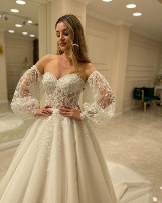 Sexy Sweetheart Ivory Long Sleeve A Line Wedding Dress with Lace_3