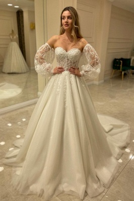 Sexy Sweetheart Ivory Long Sleeve A Line Wedding Dress with Lace_1
