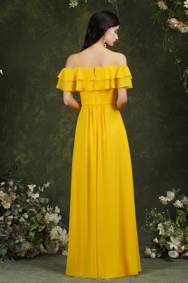 Yellow Simple Off-the-shoulder Sleeveless A-Line Chiffon Split Front Bridemaid Dresses with Cascading Ruffles_6