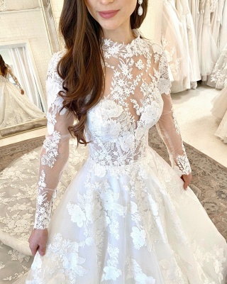 Gorgeous High Neck Long Sleeve A Line Lace Wedding Dress_4