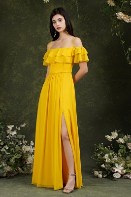 Yellow Simple Off-the-shoulder Sleeveless A-Line Chiffon Split Front Bridemaid Dresses with Cascading Ruffles_9