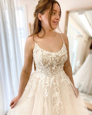 Simple Ivory Spaghetti Staps A Line Wedding Dress With Lace_2