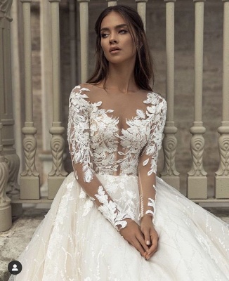Nectarean Scoop Long-Sleeve A-Line Lace Wedding Dresses with Chapel Train_3
