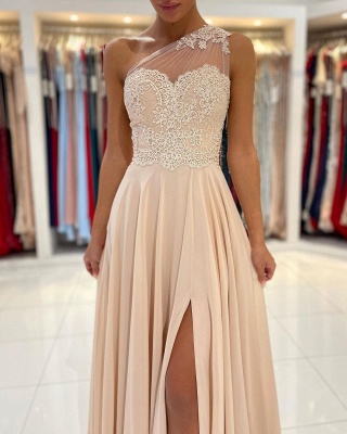 Simple One Shoulder Split Champagne Long Prom Dress With Lace_4