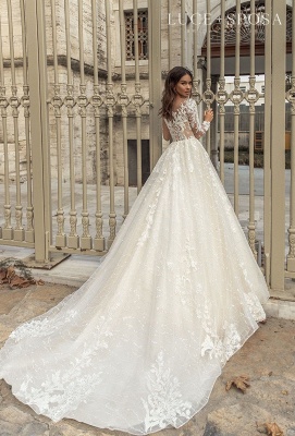 Nectarean Scoop Long-Sleeve A-Line Lace Wedding Dresses with Chapel Train_4