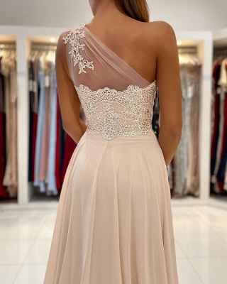 Simple One Shoulder Split Champagne Long Prom Dress With Lace_5