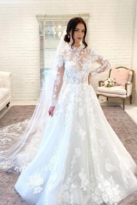 Gorgeous High Neck Long Sleeve A Line Lace Wedding Dress_1