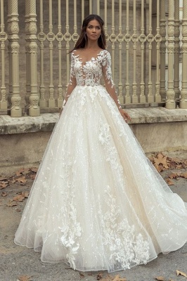 Nectarean Scoop Long-Sleeve A-Line Lace Wedding Dresses with Chapel Train_1