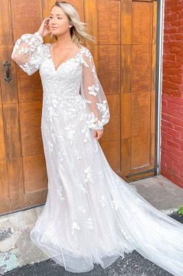 Boho White v Neck Lace Long Sleeve Sheath Wedding Dresses_1
