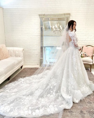 Gorgeous High Neck Long Sleeve A Line Lace Wedding Dress_5