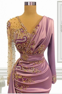 Purple V-Neck Long Sleeve Mermaid Elastic Woven Satin Ruffles Floor-Length Prom Dresses with Crystal_2