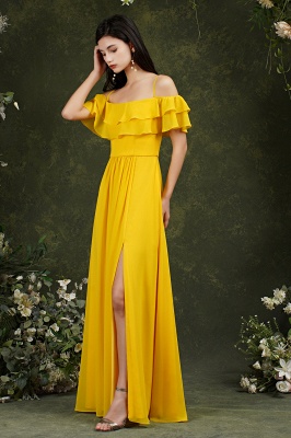 Yellow Simple Off-the-shoulder Sleeveless A-Line Chiffon Split Front Bridemaid Dresses with Cascading Ruffles_4