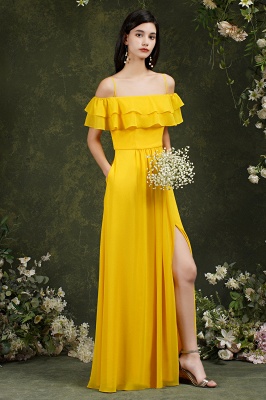 Yellow Simple Off-the-shoulder Sleeveless A-Line Chiffon Split Front Bridemaid Dresses with Cascading Ruffles_5
