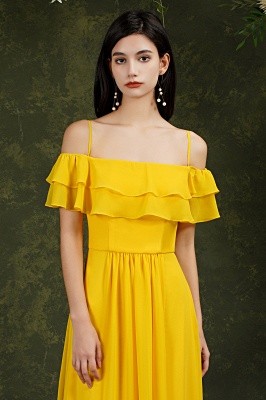 Yellow Simple Off-the-shoulder Sleeveless A-Line Chiffon Split Front Bridemaid Dresses with Cascading Ruffles_8