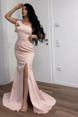 Pink Beautiful One-shoulder Sleeveless Mermaid Elastic Woven Satin Floor-Length Prom Dresses with Ruffles_1