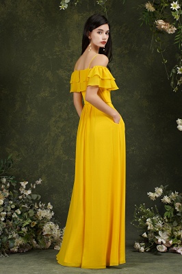 Yellow Simple Off-the-shoulder Sleeveless A-Line Chiffon Split Front Bridemaid Dresses with Cascading Ruffles_7