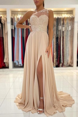 Simple One Shoulder Split Champagne Long Prom Dress With Lace_1