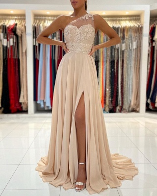 Simple One Shoulder Split Champagne Long Prom Dress With Lace_3