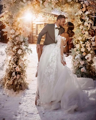 Gorgeous Off-the-shoulder Long-Sleeve A-Line Floor-Length Lace Wedding Dresses_3