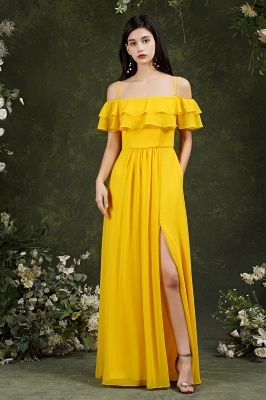 Yellow Simple Off-the-shoulder Sleeveless A-Line Chiffon Split Front Bridemaid Dresses with Cascading Ruffles_3