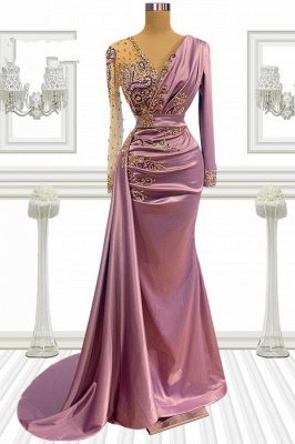 Purple V-Neck Long Sleeve Mermaid Elastic Woven Satin Ruffles Floor-Length Prom Dresses with Crystal_1