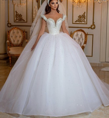 Elegant White Straps Ball Gown Wedding Dresses_5