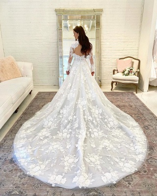 Gorgeous High Neck Long Sleeve A Line Lace Wedding Dress_3