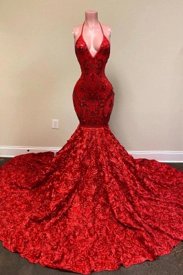 Sparkly Red Halter Long Prom Dresses Cheap Party Gowns_1