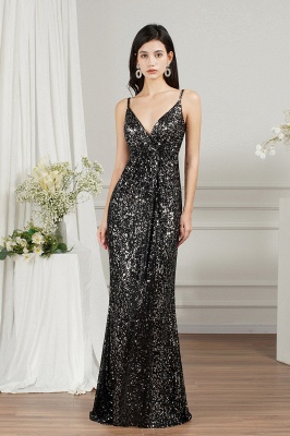 Black Sparkly Späghetti Strap Sleeveless Long Meramid Sequins Prom Dress_1