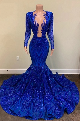 Sexy Royal Blue V Neck Long Sleeve Mermaid Prom Dresses_1