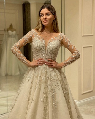 Modern Ivory V Neck Long Sleeve A line Wedding Dress With Lace_4