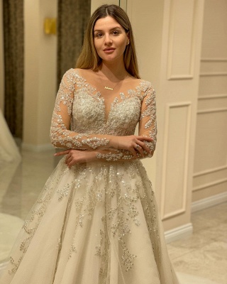 Modern Ivory V Neck Long Sleeve A line Wedding Dress With Lace_5