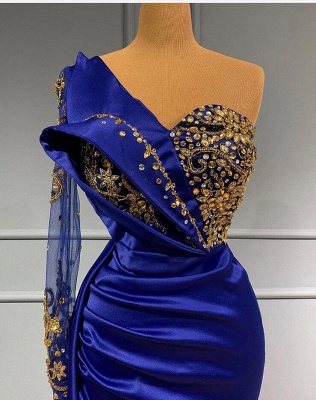 Royal Blue One Shoulder Long Sleeve Mermaid Prom Dresses_2