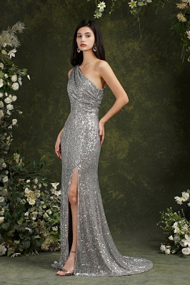 Silver One Shoulder Sleeveless Meramid Long Prom Dress_4