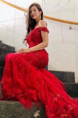 Red Off Shoulder Sleeveless Lace Mermaid  Long Prom Dress with Glitter_3