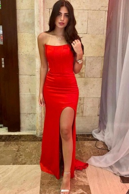 Simple Red Strapless Sheath Prom Dresses with Slit_1