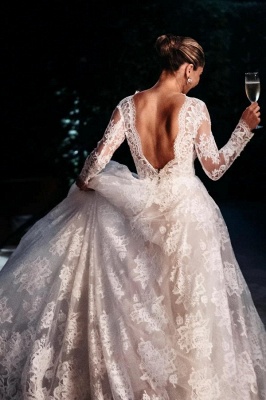 Exquisite Beteau Long Sleeve Backless Appliques Lace Wedding Dresses_2