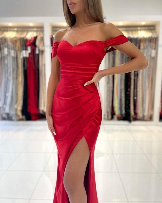 Simple Red Off Shoulder Sweetheart Mermaid Long Prom Dress_6