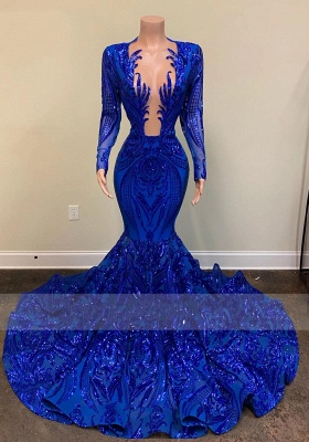 Sexy Royal Blue V Neck Long Sleeve Mermaid Prom Dresses_2