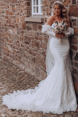 Dignified Strapless Sleeveless Mermaid Lace Wedding Dress with Court Train_1