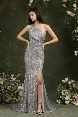 Silver One Shoulder Sleeveless Meramid Long Prom Dress_2